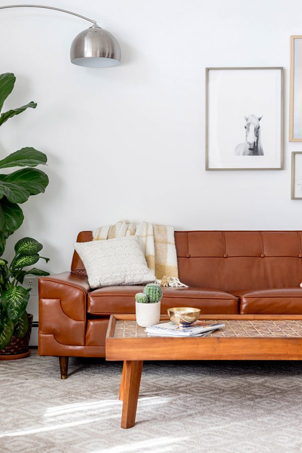 Before & After MidCentury Tufted Leather Couch Dream Green DIY