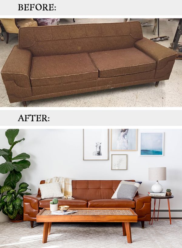 Before & After MidCentury Tufted Leather Couch Dream Green DIY